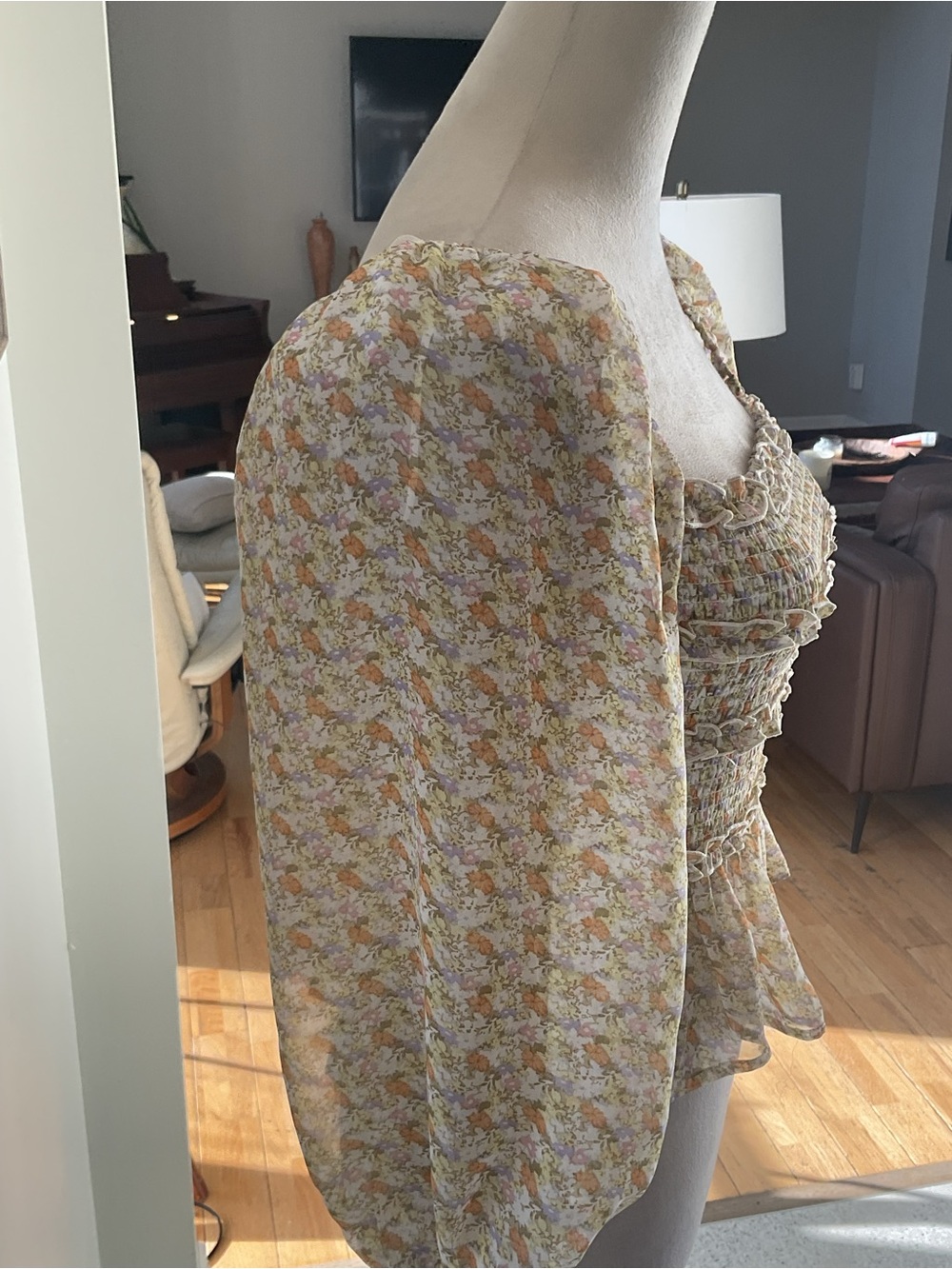 Astr Smocked Square-Neck Blouse in Cream and Yellow Floral - Picture 6 of 12